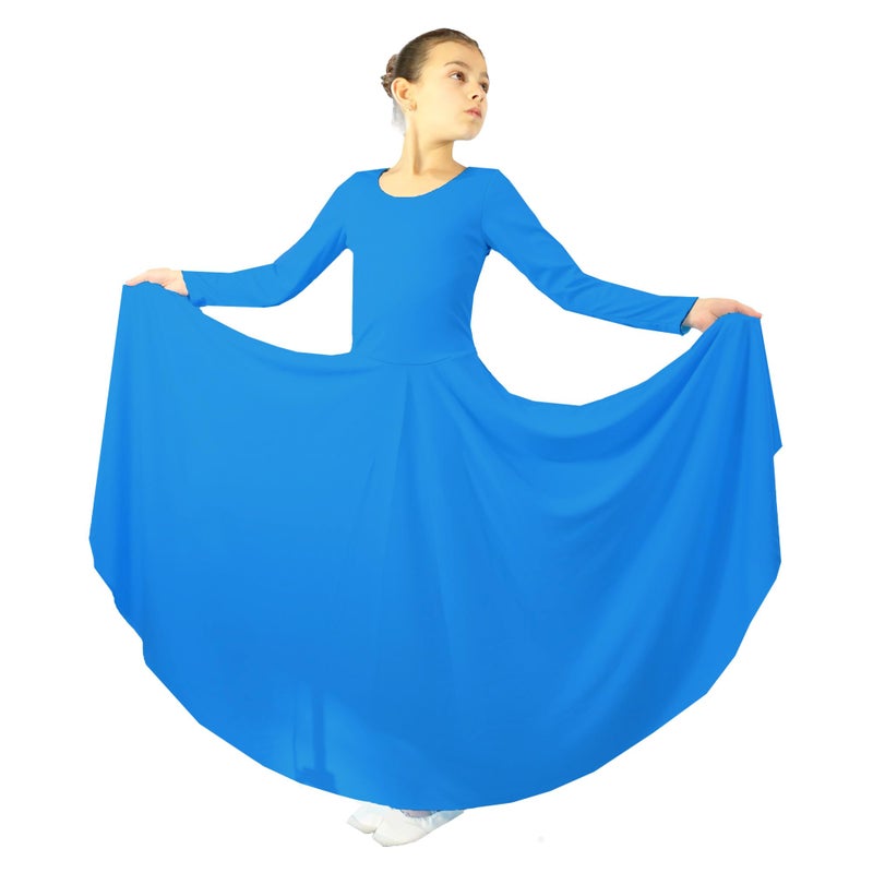 Danzcue Girls Praise Loose Fit Full Length Long Sleeve Dance Dress, Bright Royal, 8-10 - Image 1